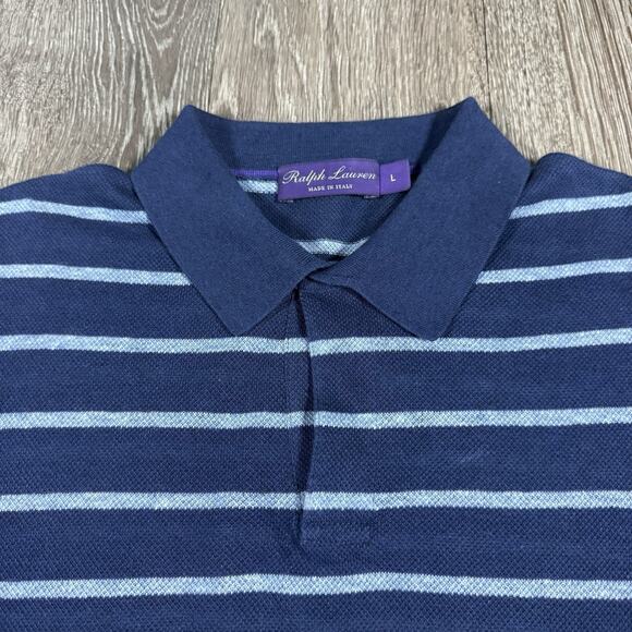 Ralph Lauren Purple Label Blue White Striped Cotton Linen Polo Size Mens L - Picture 3 of 9